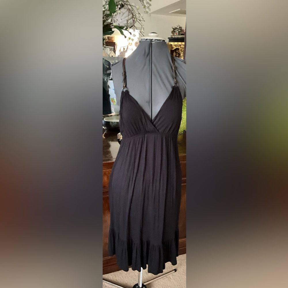Vintage Black Maxi Dress with V-Neck and Adjustable Leather Straps
